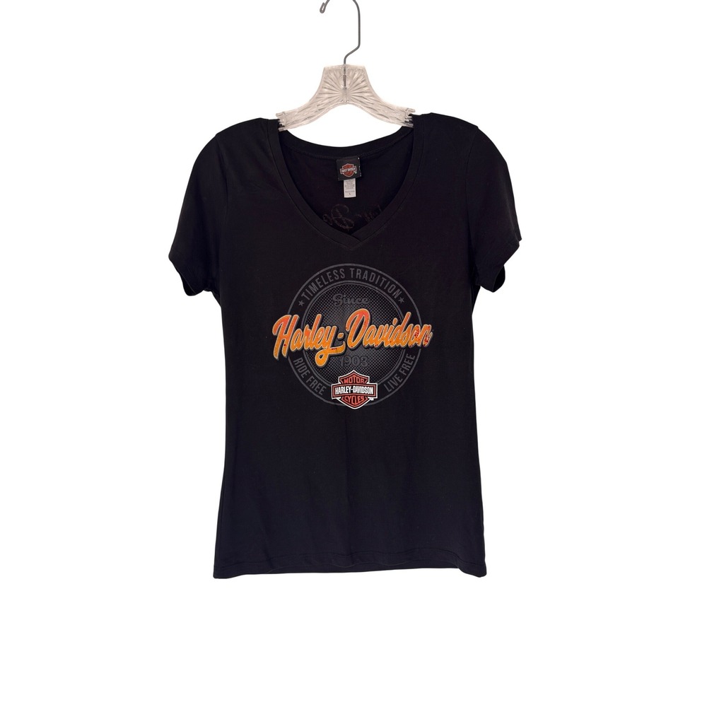 Harley-Davison Curacao Short Sleeve T-Shirt Women's Black Orange V-Neck Large
